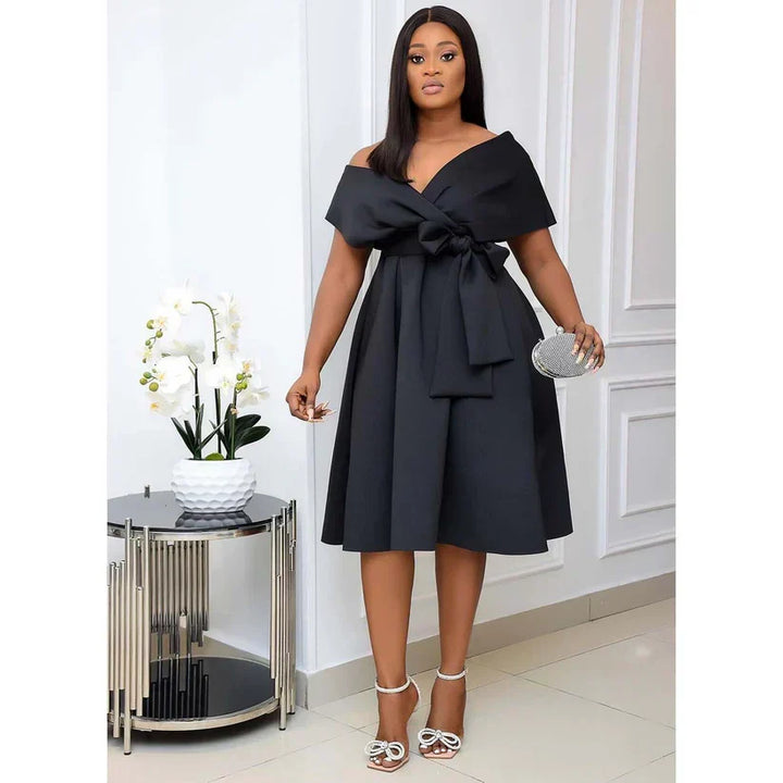 DIANA - Off-Shoulder Wrap Bow-Tie Midi Dress with Pleated A-Line Skirt