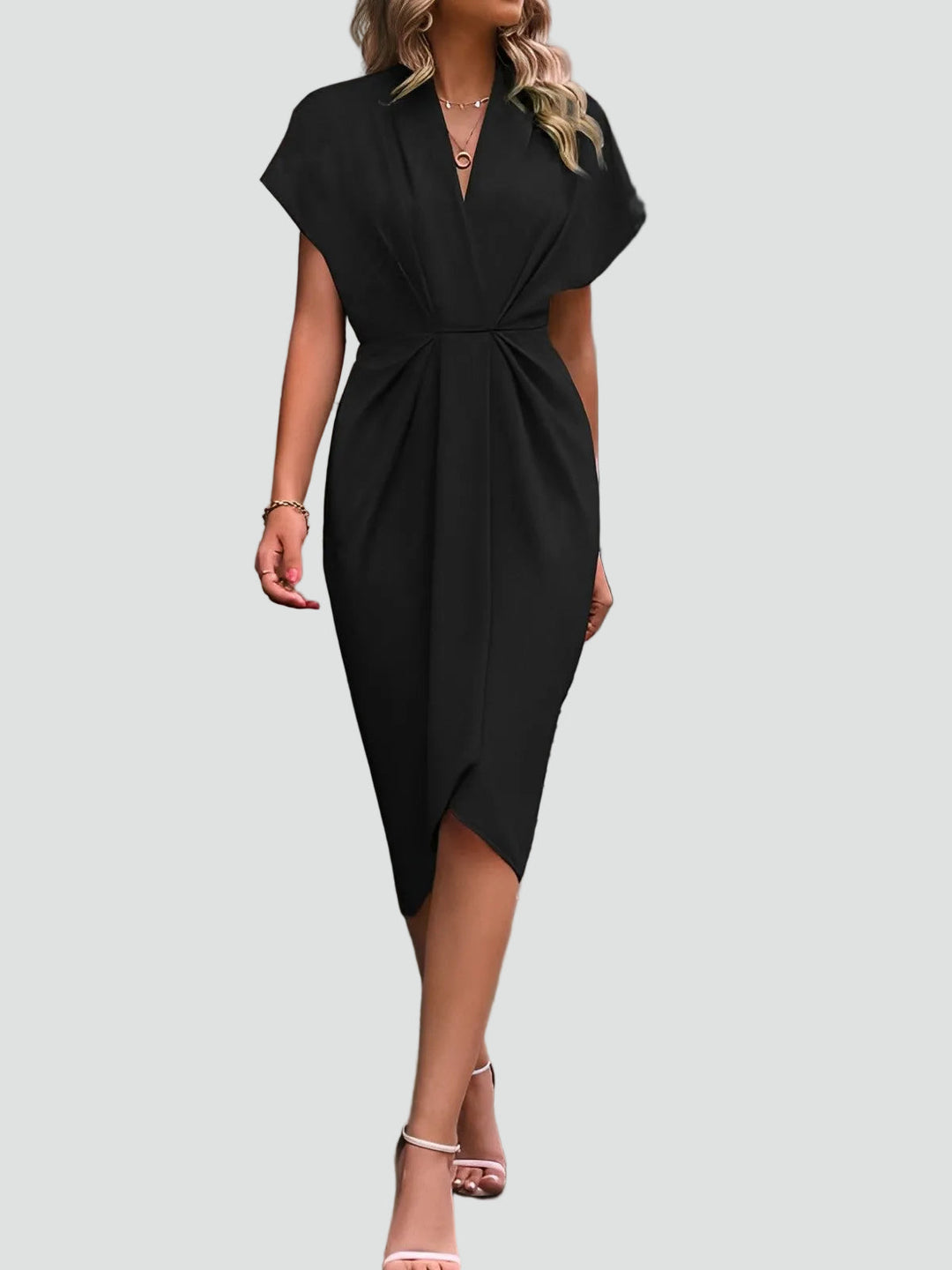 Midi Wrap Dress for Women with V-Neck and Pleats, Elegant and Feminine for Cocktail and Dinner - Luciana Mazzini