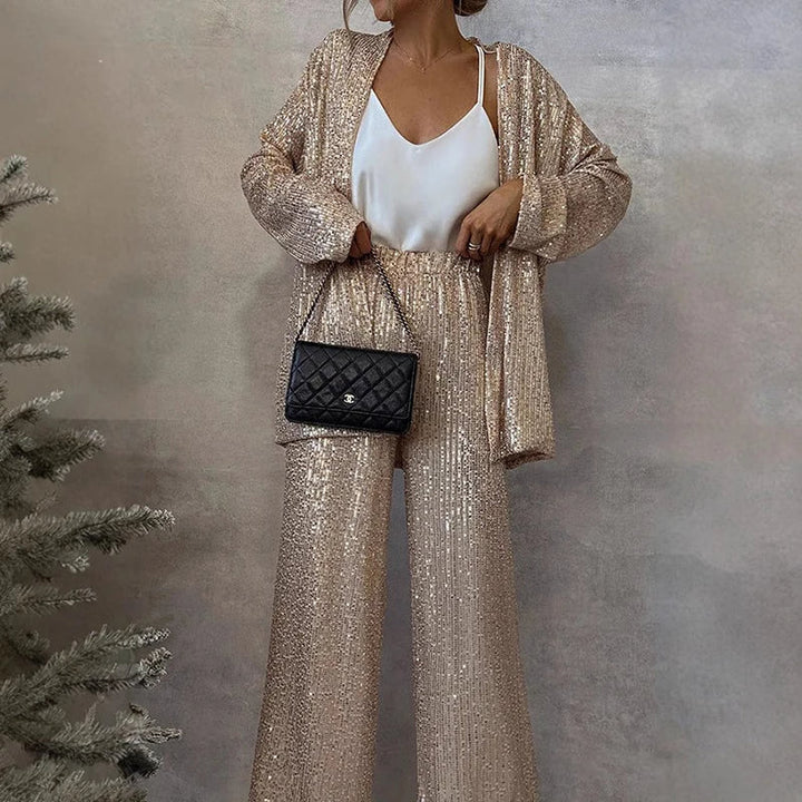 Women’s Sequin Evening Set – Fitted Top &amp; High-Waisted Party Pants Set
