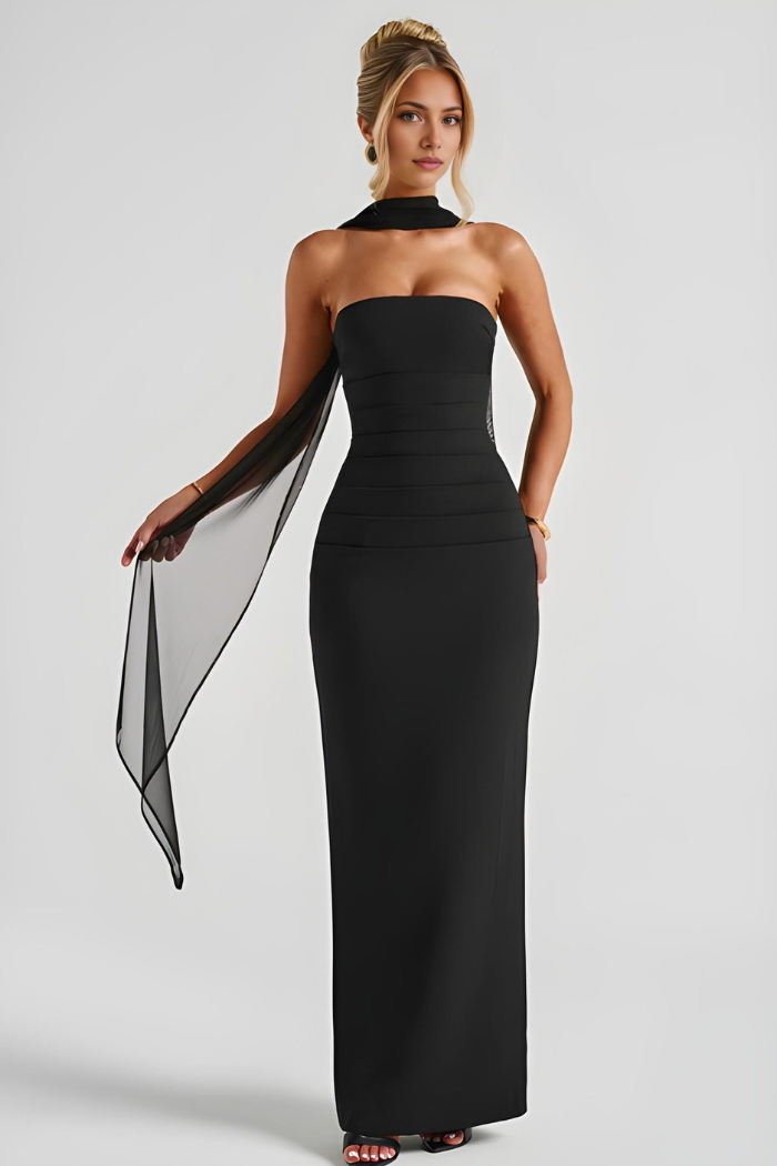 Deborah - Strapless Bandage Maxi Dress with Chiffon Halter Drape