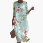 Mary - Rose Print 3/4 Sleeve Loose Midi Dress