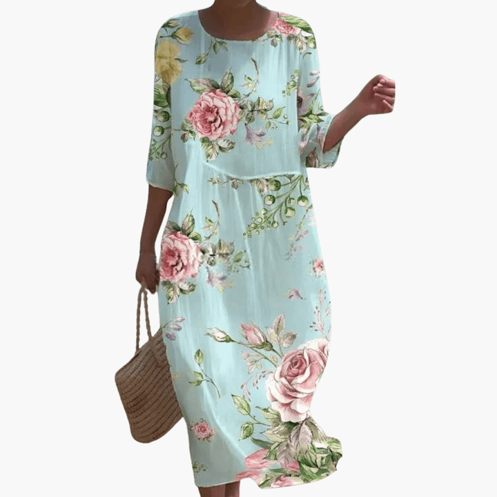 Mary - Rose Print 3/4 Sleeve Loose Midi Dress