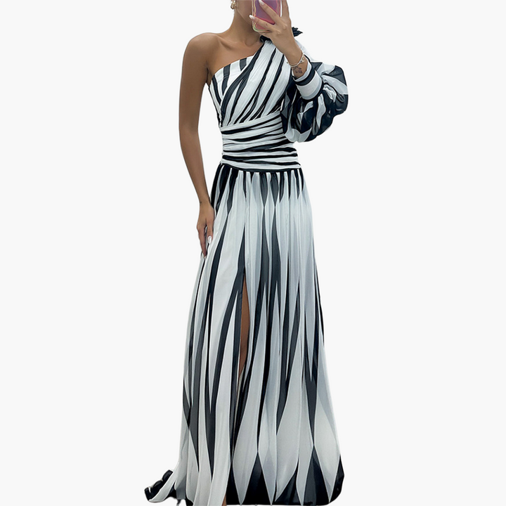 Susan - One-shoulder - Print Puff Sleeve Maxi Dress with Slit