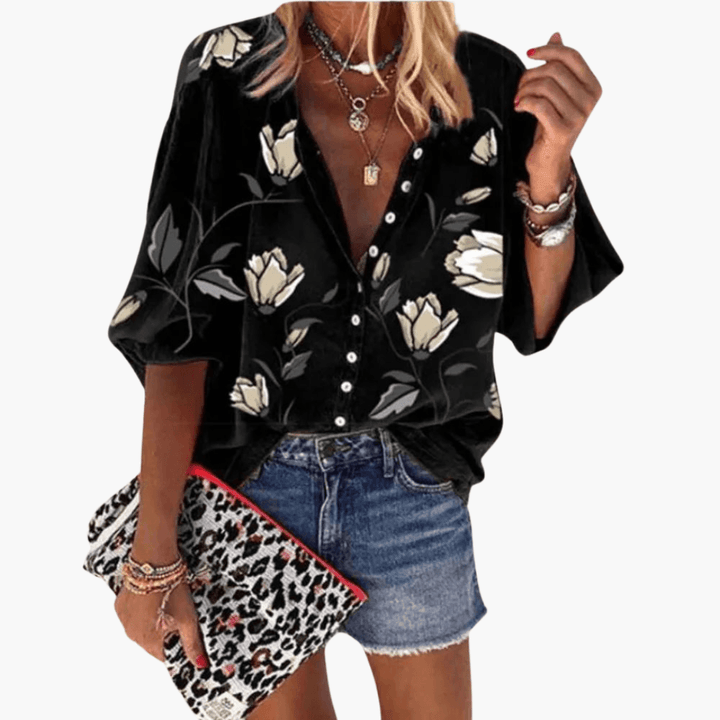 Karen - Floral Print Batwing Sleeve Button-Down Blouse
