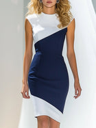 Olivia | Elegant White And Blue Sleeveless Midi Dress