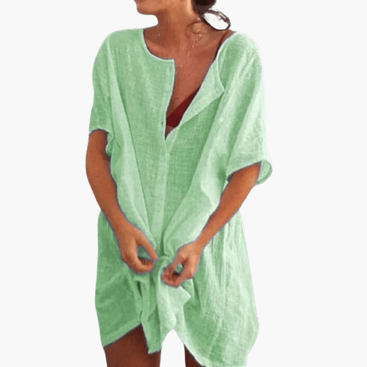 Barbara - Oversized Linen Short Sleeve Open Front Beach Cover-Up Shirt