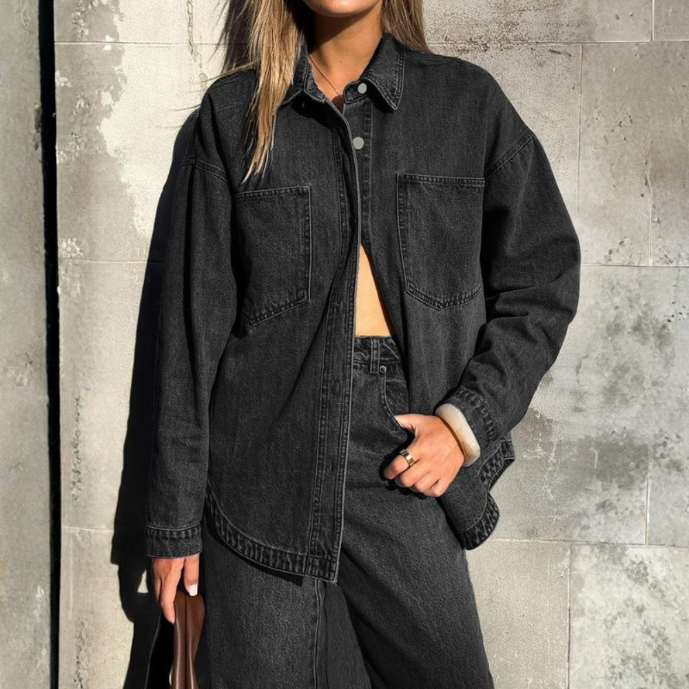 Casual Denim Shirt with Front Button Placket and Two Pockets for Women
