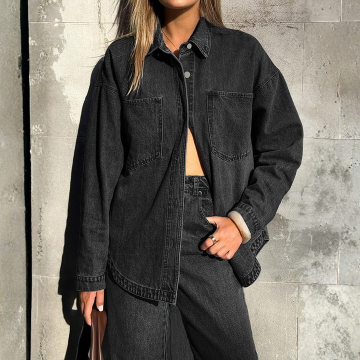 Casual Denim Shirt with Front Button Placket and Two Pockets for Women