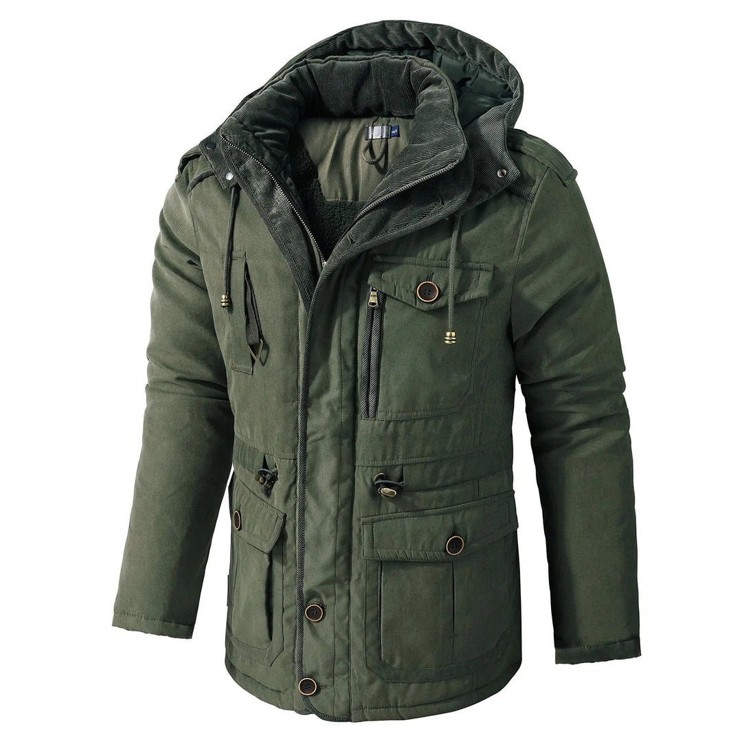 Warm windproof winter jacket with hood for men