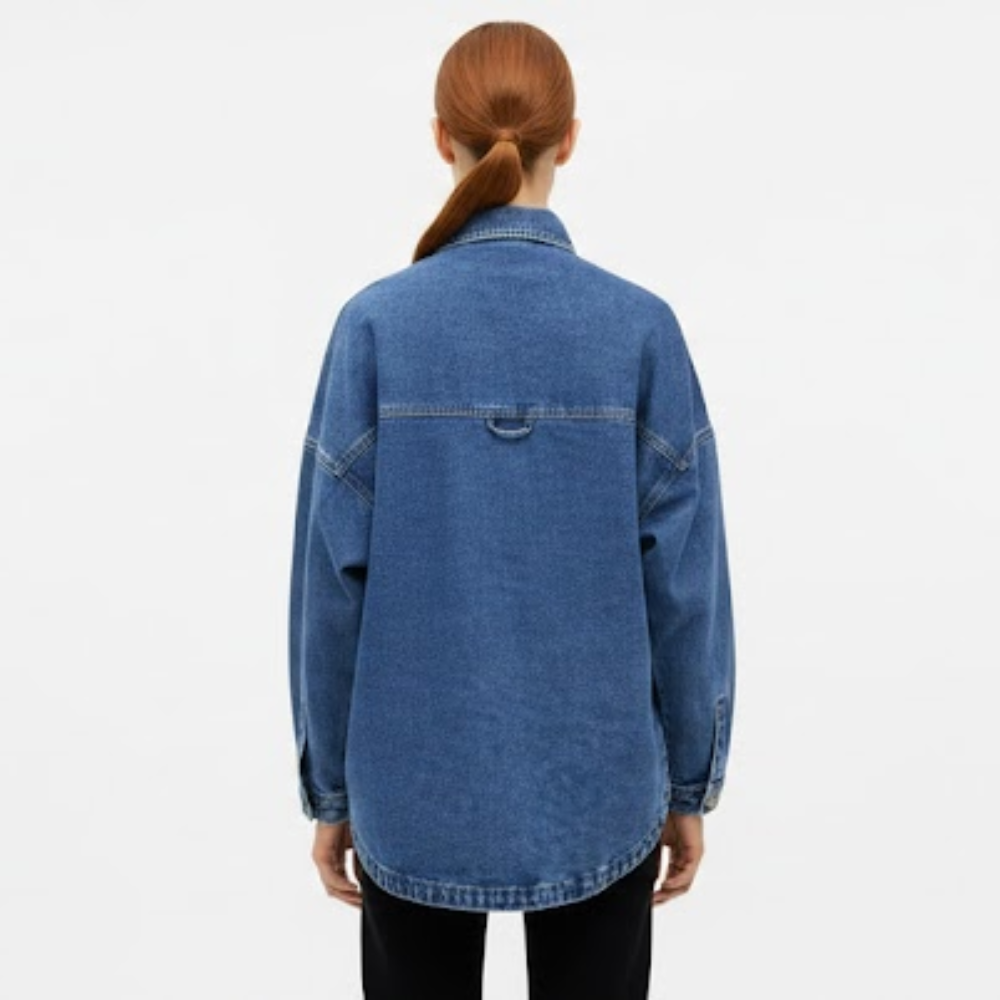 Casual Denim Shirt with Front Button Placket and Two Pockets for Women