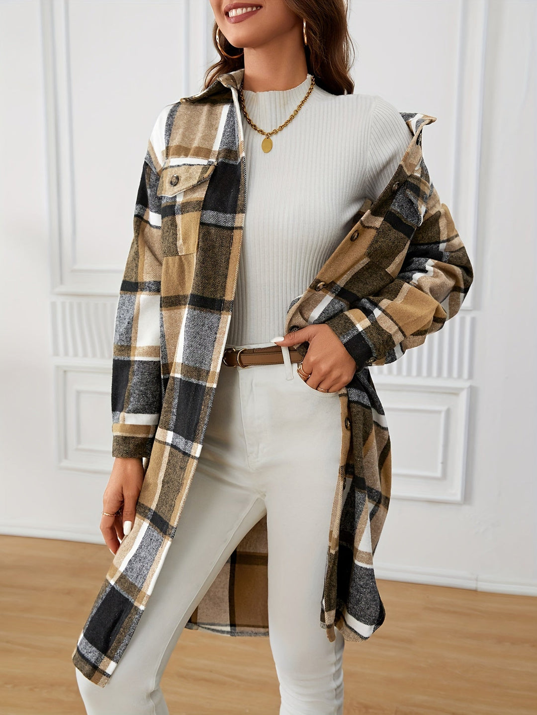 Elowen | Long checked coat for women with buttons