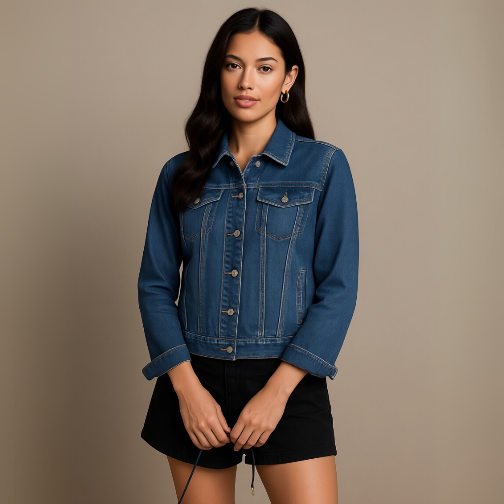Basic Tailored Stretch Denim Jacket with Button Placket and Long Sleeves