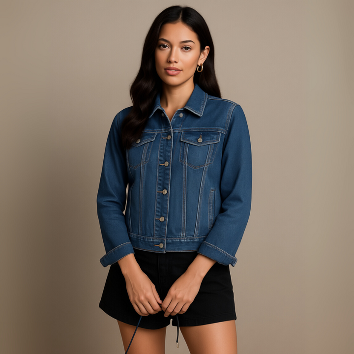 Basic Tailored Stretch Denim Jacket with Button Placket and Long Sleeves