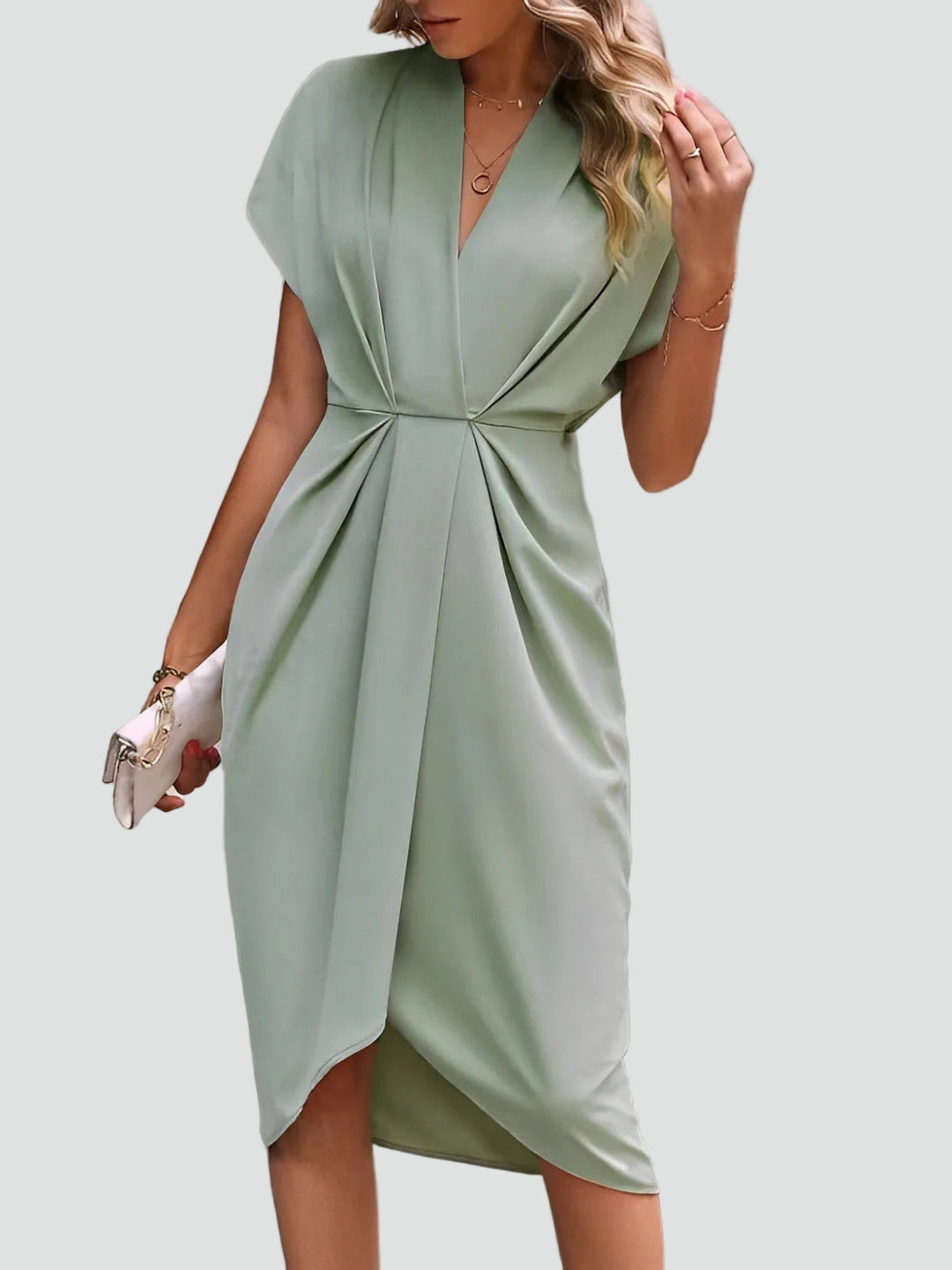 Midi Wrap Dress for Women with V-Neck and Pleats, Elegant and Feminine for Cocktail and Dinner - Luciana Mazzini