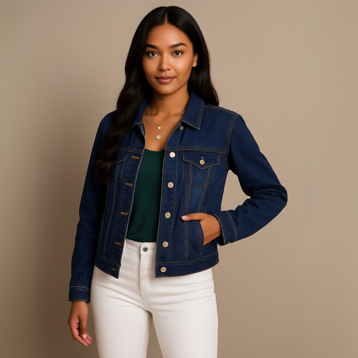 Basic Tailored Stretch Denim Jacket with Button Placket and Long Sleeves