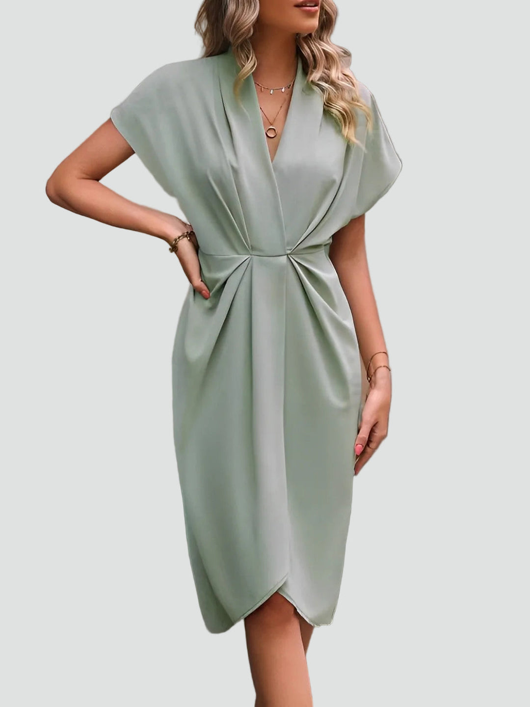 Midi Wrap Dress for Women with V-Neck and Pleats, Elegant and Feminine for Cocktail and Dinner - Luciana Mazzini
