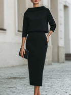Ladies Two-Piece Set Boat Neck Top and Midi Skirt Tailored Fit - Black / Navy Blue / Beige - Maelen