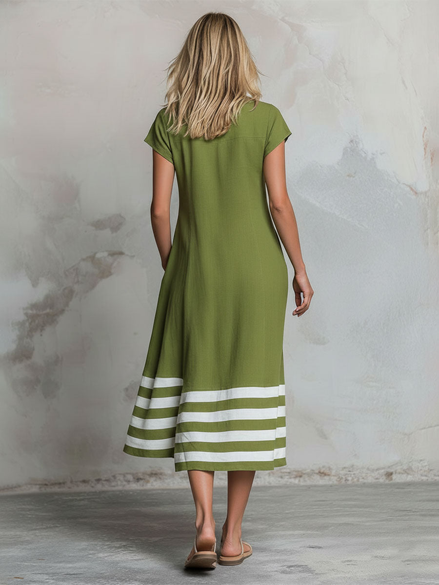 Casual Retro Color-blocked Striped Green Round Neck Short-sleeved Cotton Linen Midi Dress