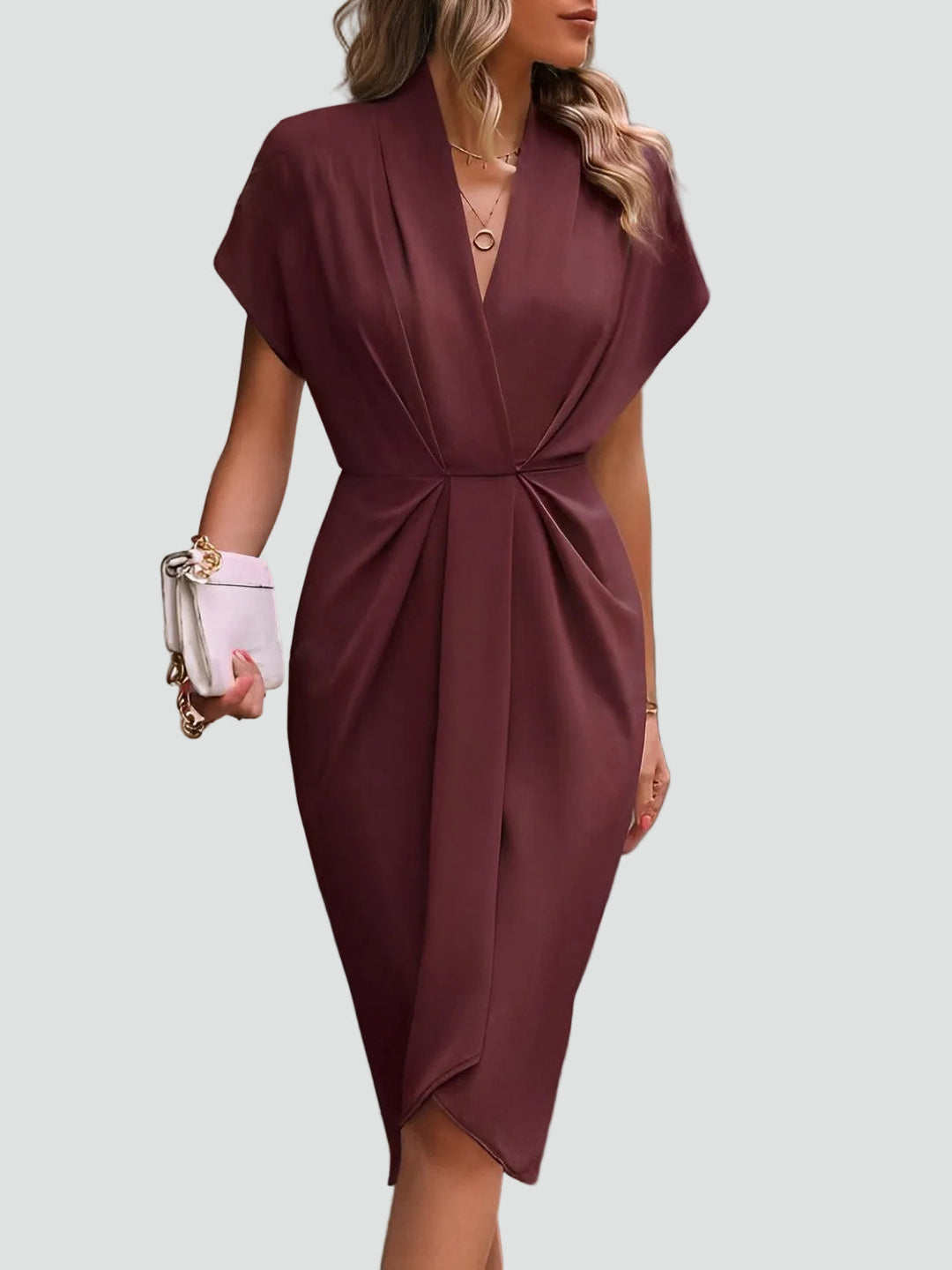 Midi Wrap Dress for Women with V-Neck and Pleats, Elegant and Feminine for Cocktail and Dinner - Luciana Mazzini