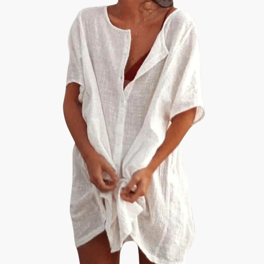 Barbara - Oversized Linen Short Sleeve Open Front Beach Cover-Up Shirt