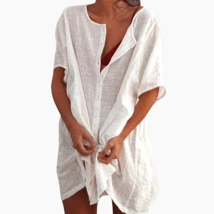 Barbara - Oversized Linen Short Sleeve Open Front Beach Cover-Up Shirt