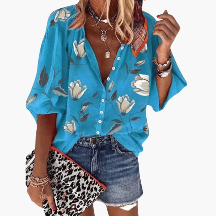 Karen - Floral Print Batwing Sleeve Button-Down Blouse