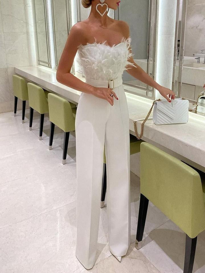 VALENTINA - Strapless Feather-Trimmed Wide-Leg Jumpsuit with Belt Detail