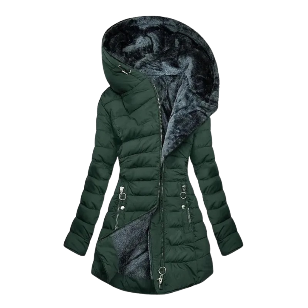 Long Puffer Jacket for Women with Plush Lining and Hood