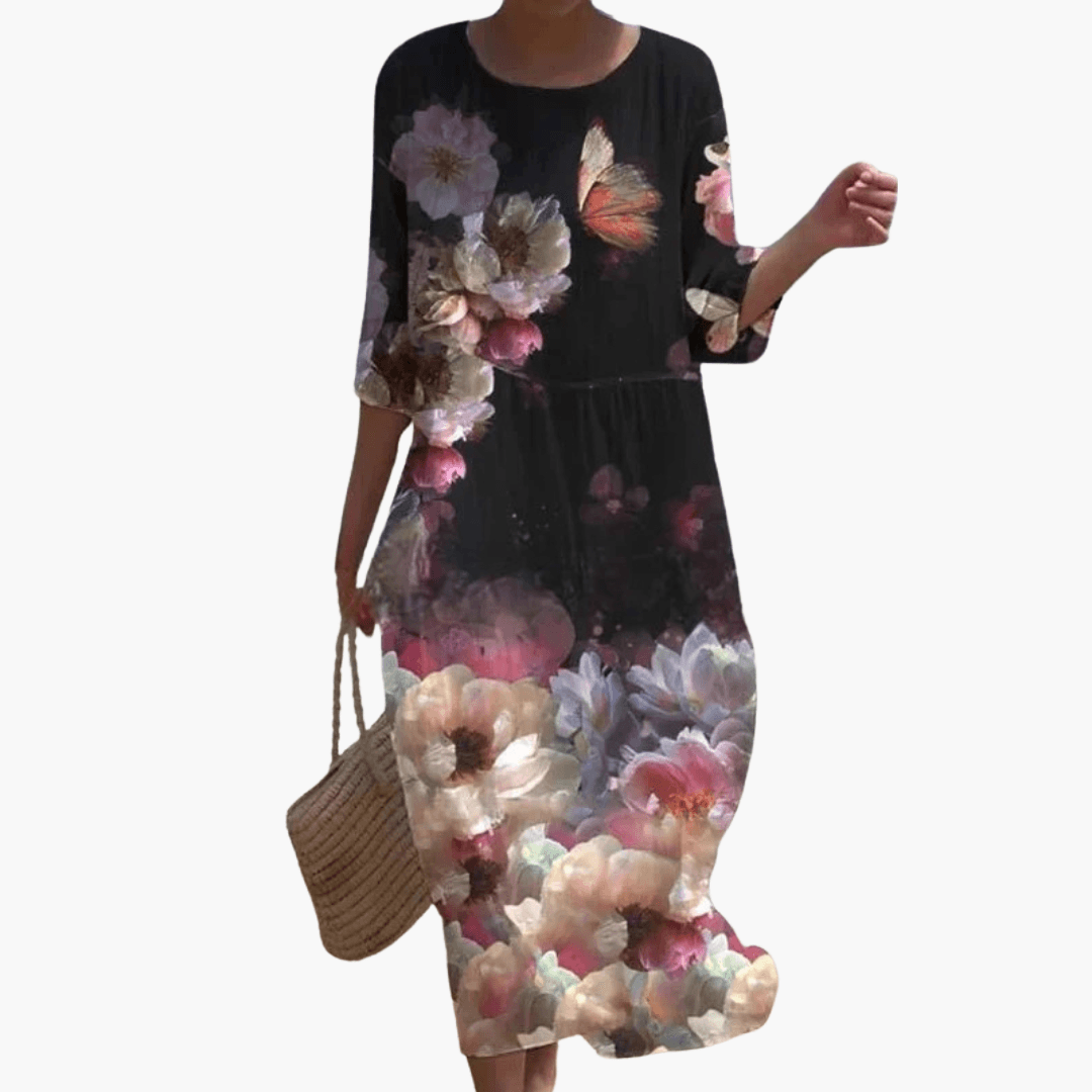 Mary - Rose Print 3/4 Sleeve Loose Midi Dress