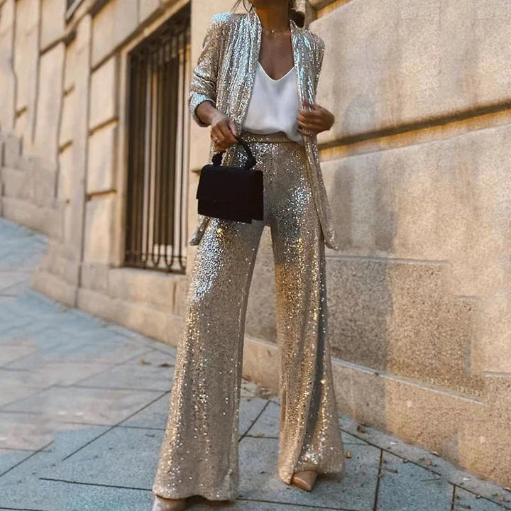 Women’s Sequin Evening Set – Fitted Top &amp; High-Waisted Party Pants Set