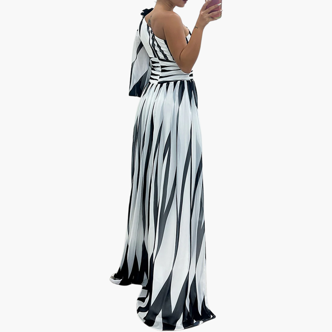 Susan - One-shoulder - Print Puff Sleeve Maxi Dress with Slit