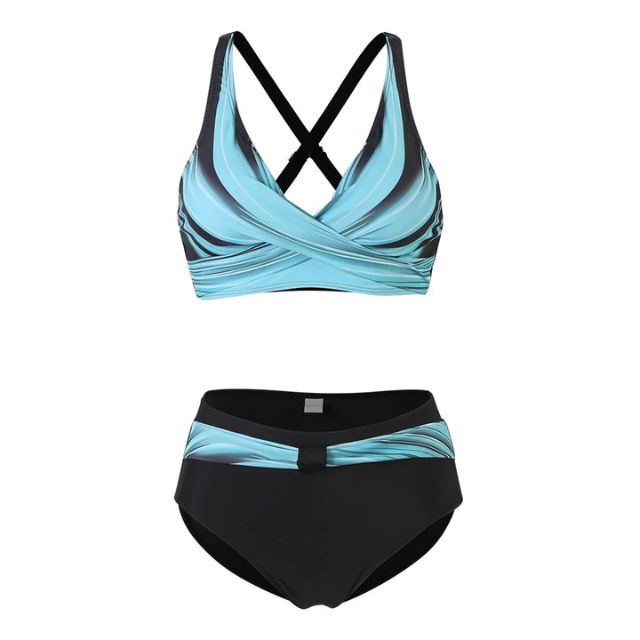 High-Waisted Bikini Set with Stylish Blue Print
