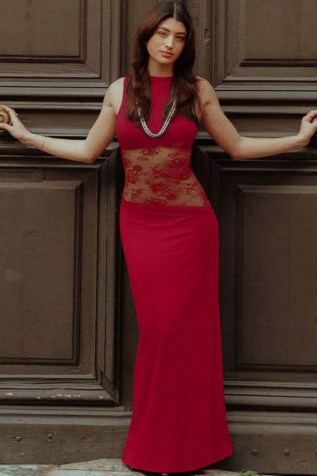 Amanda - Sheer Lace Panel Sleeveless Maxi Dress