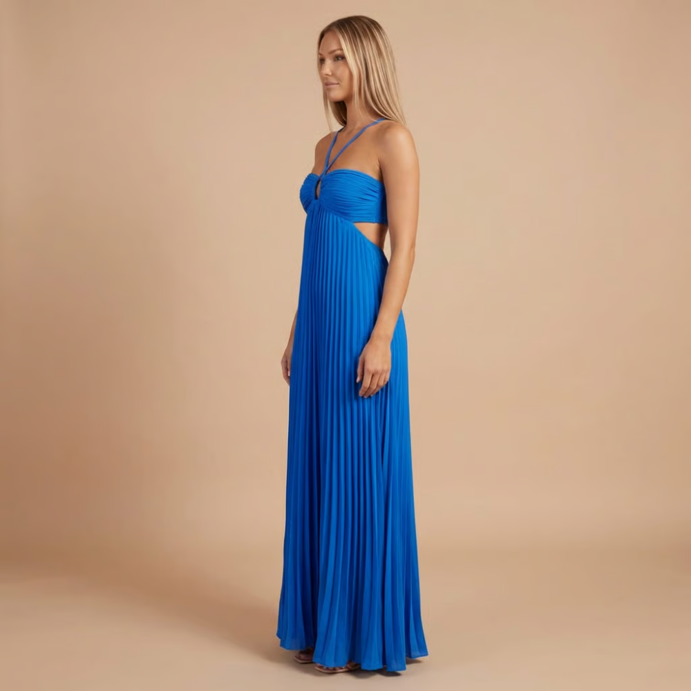 Nancy - Pleated Halter Cut-Out Maxi Dress