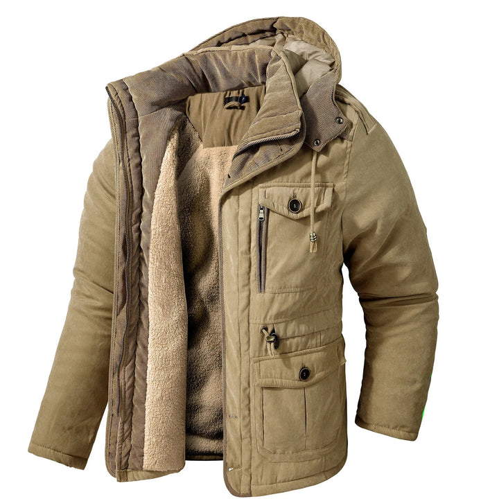 Warm windproof winter jacket with hood for men
