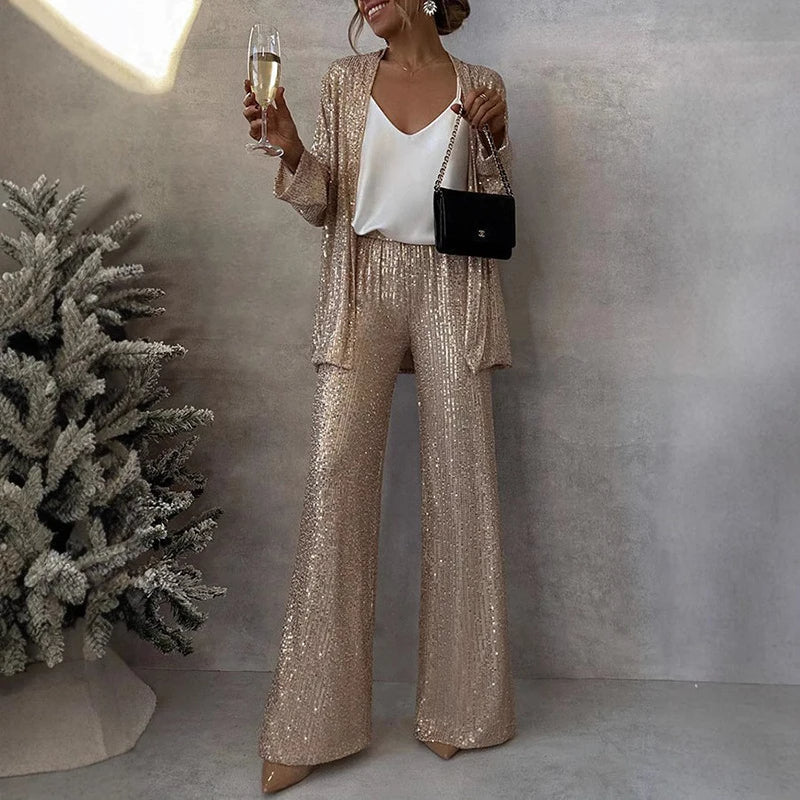 Women’s Sequin Evening Set – Fitted Top &amp; High-Waisted Party Pants Set