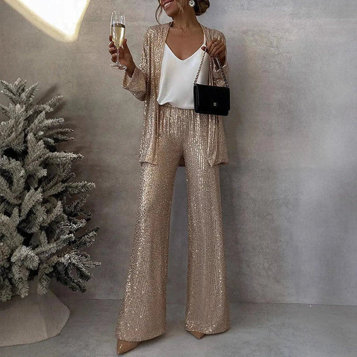Women’s Sequin Evening Set – Fitted Top &amp; High-Waisted Party Pants Set