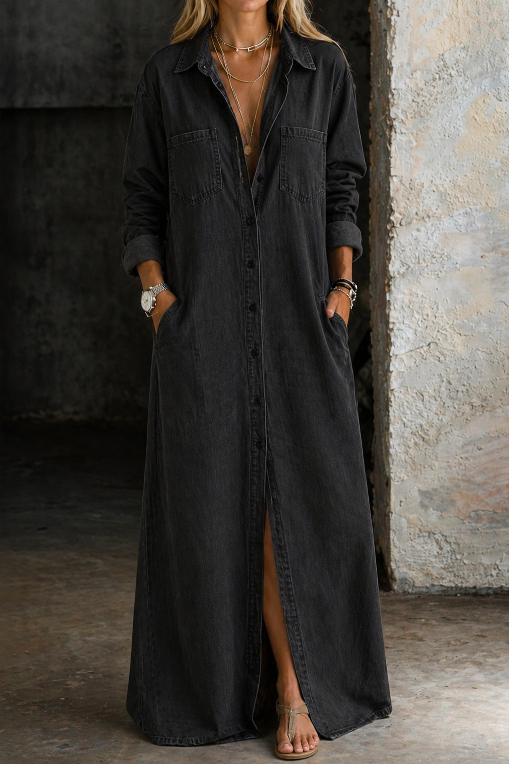 Mila - Denim Maxi Shirt Dress