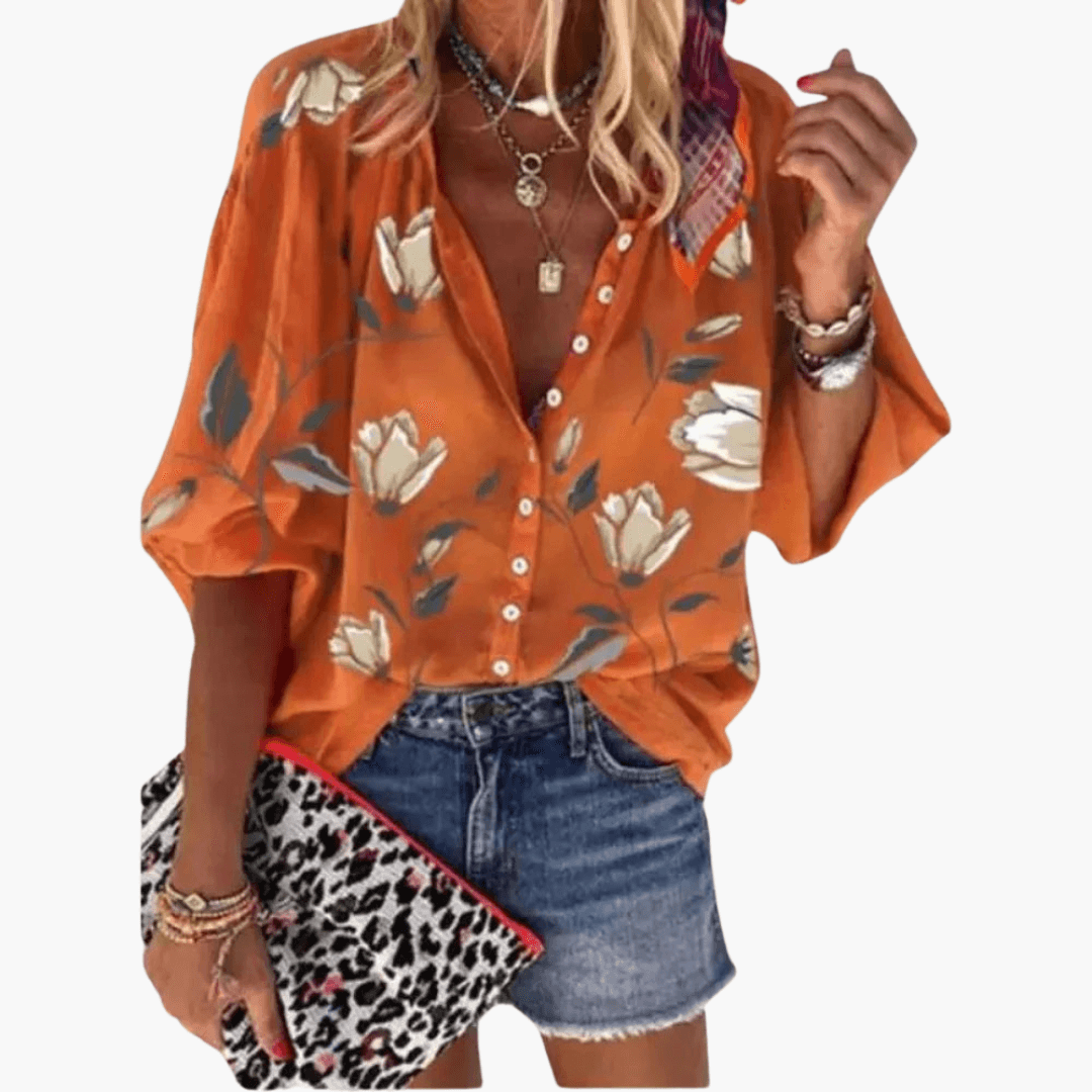 Karen - Floral Print Batwing Sleeve Button-Down Blouse