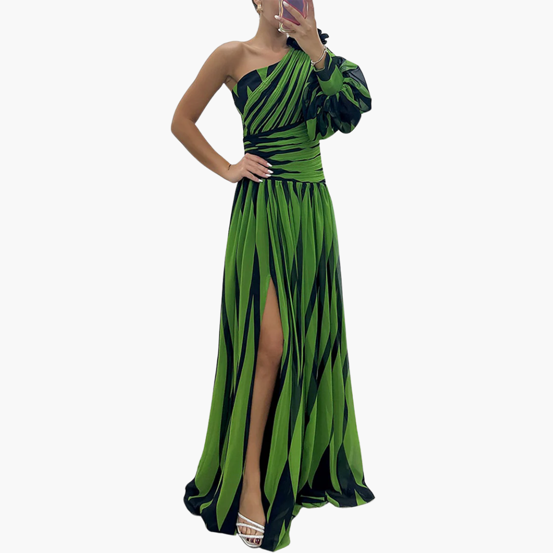 Susan - One-shoulder - Print Puff Sleeve Maxi Dress with Slit