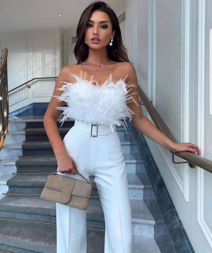 VALENTINA - Strapless Feather-Trimmed Wide-Leg Jumpsuit with Belt Detail