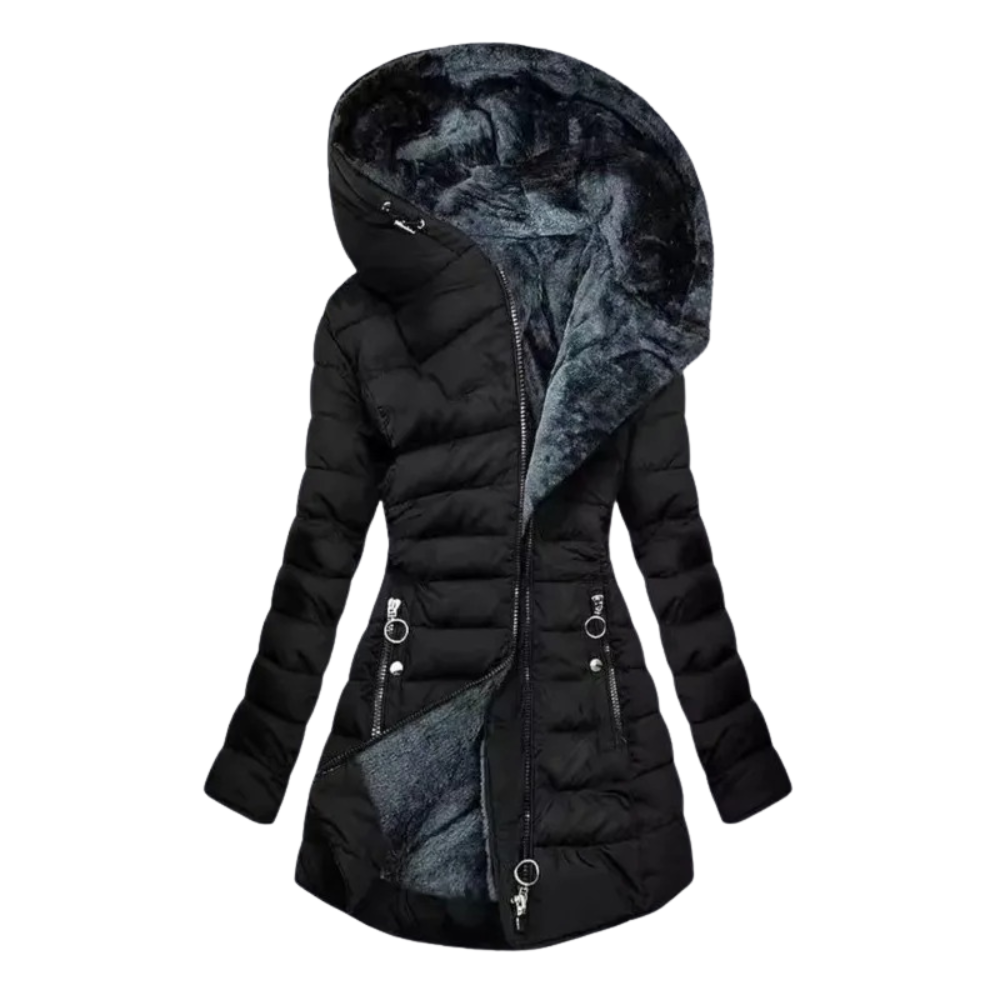 Long Puffer Jacket for Women with Plush Lining and Hood