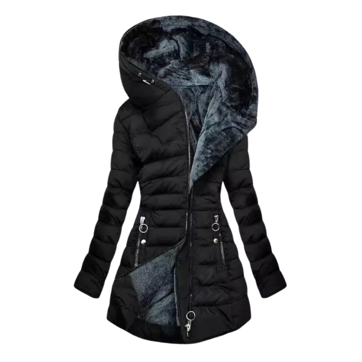 Long Puffer Jacket for Women with Plush Lining and Hood