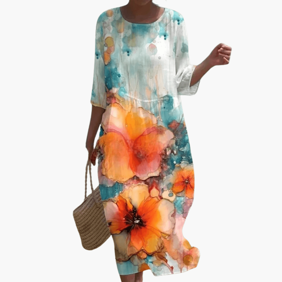 Mary - Rose Print 3/4 Sleeve Loose Midi Dress