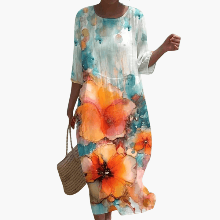 Mary - Rose Print 3/4 Sleeve Loose Midi Dress