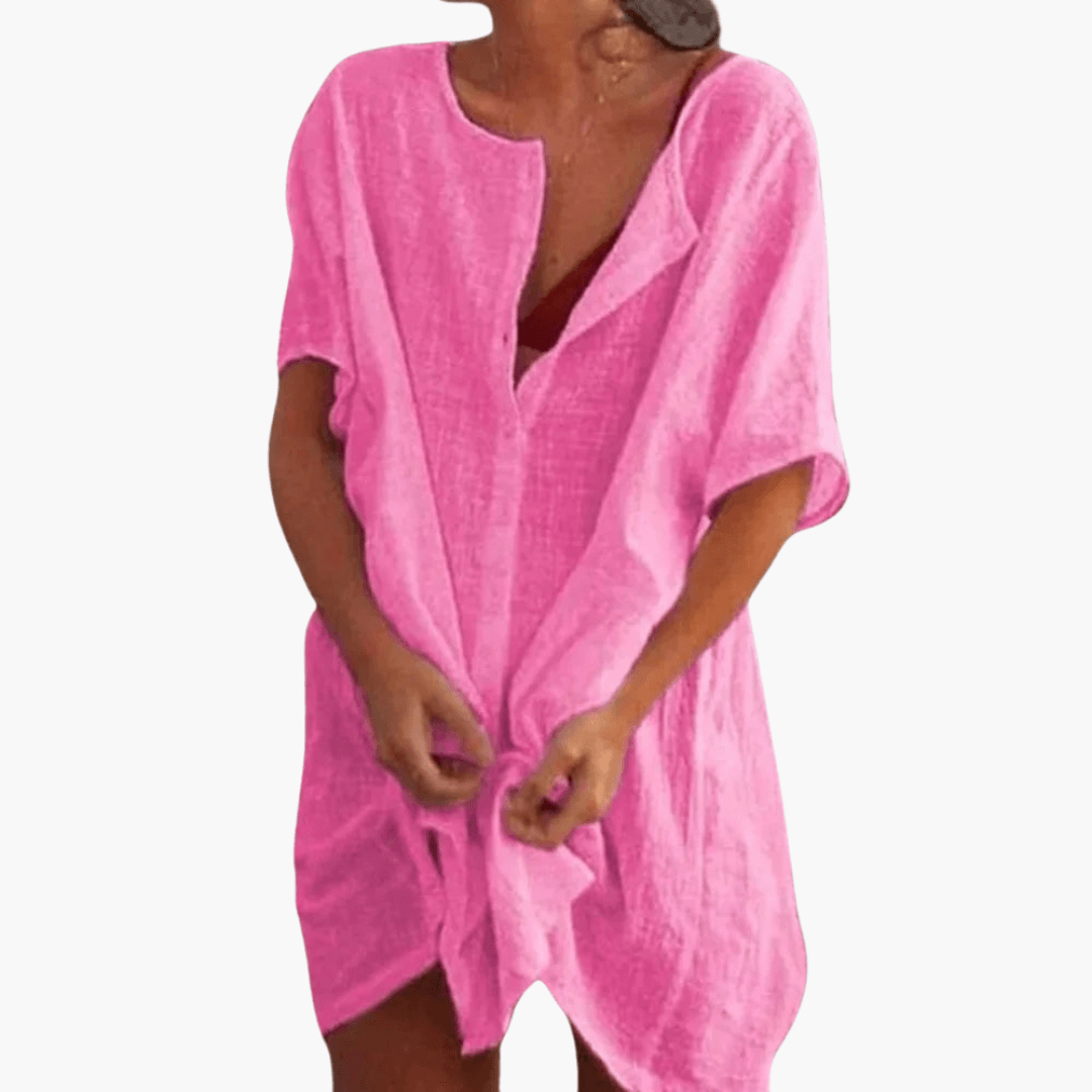 Barbara - Oversized Linen Short Sleeve Open Front Beach Cover-Up Shirt