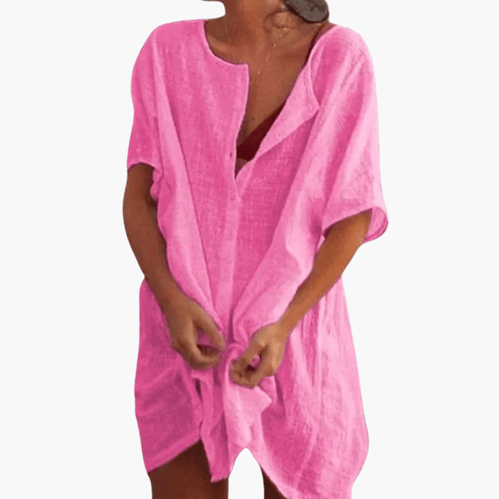 Barbara - Oversized Linen Short Sleeve Open Front Beach Cover-Up Shirt