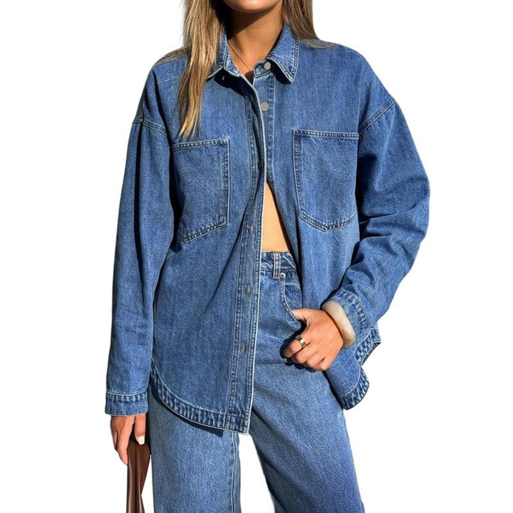 Casual Denim Shirt with Front Button Placket and Two Pockets for Women