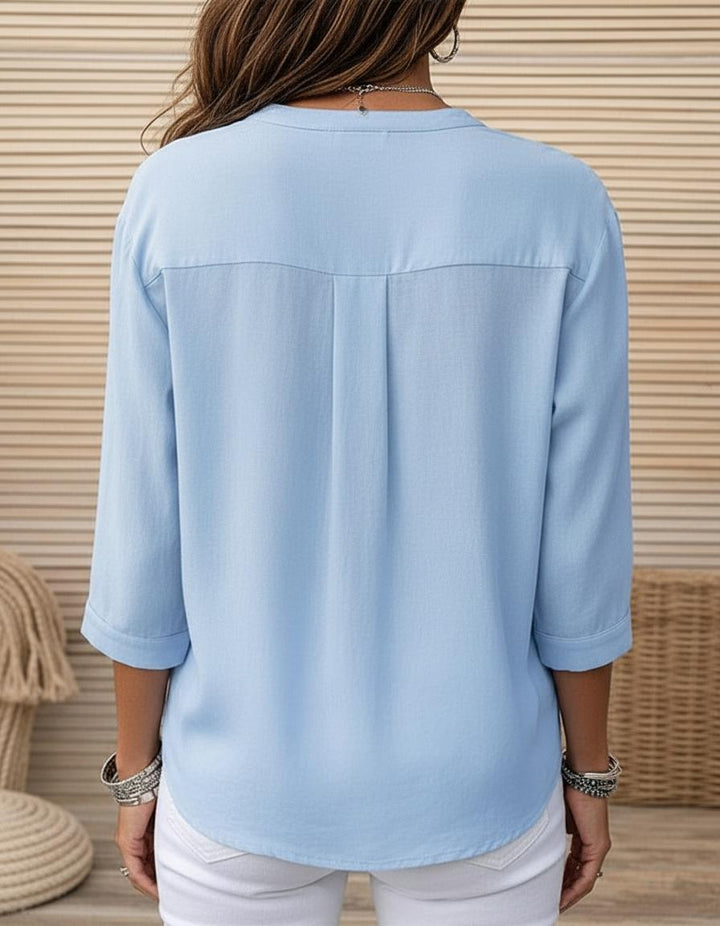 Light Blue Pleated Button Front 3/4 Sleeve Blouse