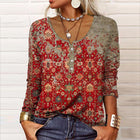 INES - Boho Ethnic Print Long Sleeve Henley Top